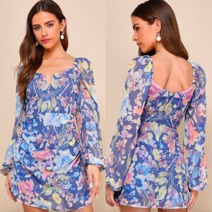 🦋 NWOT LULUS Beautiful Impression Blue Floral Chiffon Long Sleeve Mini Dress